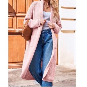 Bohemian Pink Solid Knit Pockets Open Front Long Duster Cardigan S M L